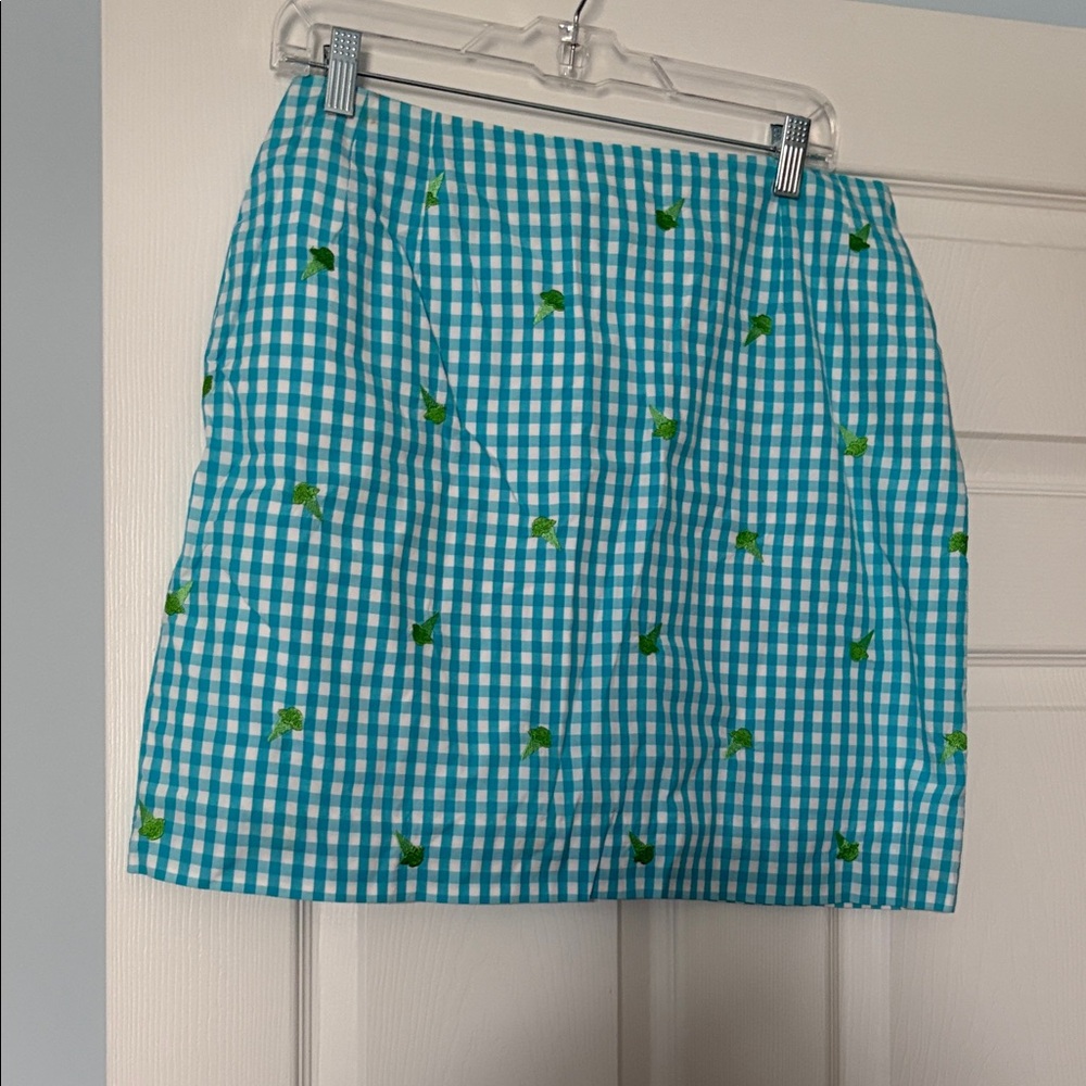 Lilly Pulitzer Turquoise Gingham Mini Skirt with Green Embroidery